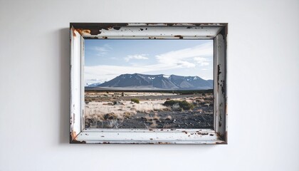 Black and white landscape photograph in a vintage frame