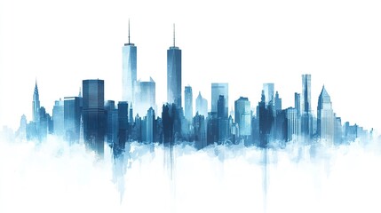 Obraz premium Clean vector design of a blue-toned skyline, tall skyscraper silhouettes creating depth, crisp white background. 