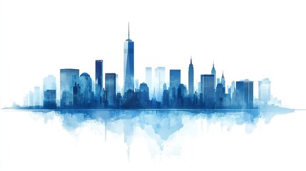 Obraz premium Clean vector design of a blue-toned skyline, tall skyscraper silhouettes creating depth, crisp white background. 