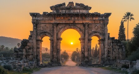 Fototapeta premium Ancient Archway at Sunset, Glimpse into History's Golden Hour