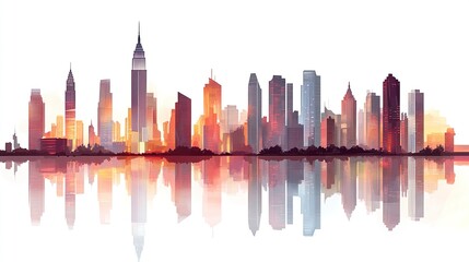 Obraz premium Collection of cityscapes with sleek skyscraper silhouettes, minimalist flat illustration style, clean white backdrop. 