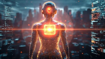 Futuristic humanoid figure with glowing core in city - Powered by Adobe