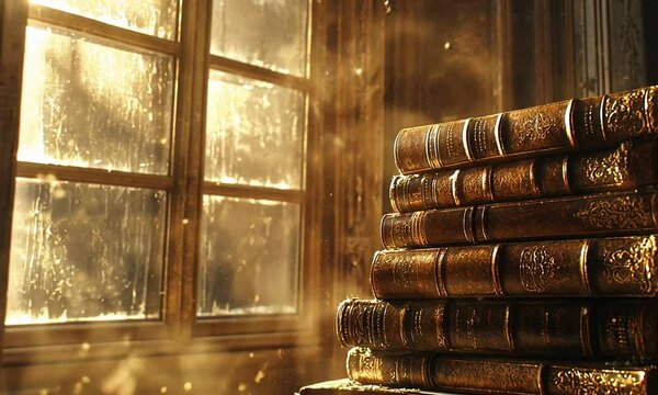 Illuminated wisdom vintage books bathed in sunlight near the window panel