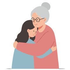 Obraz premium Grandmother hugging granddaughter - heartwarming moment of tenderness between silver-haired grandma and little granddaughter, their embrace filled with warmth, love and family bond.