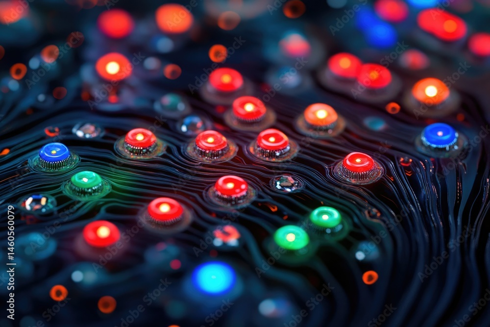 Aufkleber close-up of a circuit board with many colorful leds, showcasing intricate wiring and vibrant lights.
