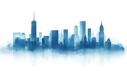 Obraz premium Contemporary skyscraper silhouettes in shades of blue, forming a balanced cityscape, soft gradient on white background. 
