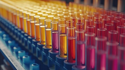 Obraz premium Rows of test tubes filled with colorful liquids in a lab setting. Various shades of orange, yellow, and red liquids