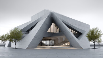 Obraz premium A large, triangular-shaped concrete building with a symmetrical facade and open spaces on the ground floor