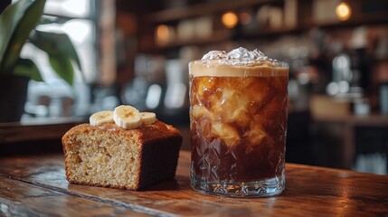 Fototapeta premium Iced coffee drink and banana bread. A refreshing iced coffee drink topped with whipped cream sits next to a slice of moist banana bread. The drink is dark and intense, perfect for a cool day. 