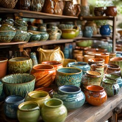 Colorful ceramic wares displayed on shelves