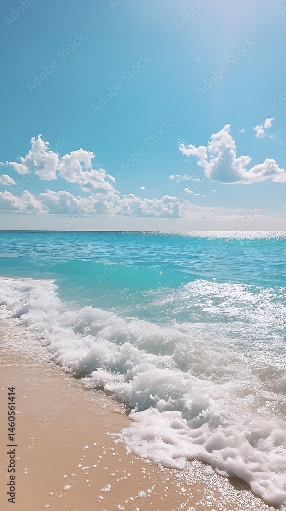 Poster sparkling azure sea and fluffy white clouds form a relaxing coastal paradise view
