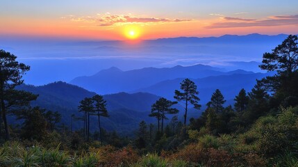 Majestic Sunset over Blue Mountains: A Serene Landscape