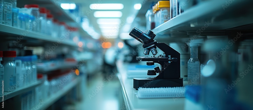 Poster lab microscope on shelf in science lab