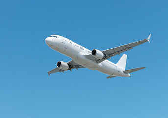 A white passenger airplane flying in a clear blue sky with its wings spread out and engines visible clearly