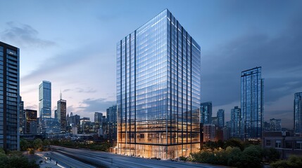 High-rise urban office with a reflective glass exterior, showcasing a clear skyline, shot from a worm's-eye view, sharp contrast, cool tones.
