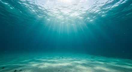 Fototapeta premium Submerged ocean floor, vibrant teal depths, sunbeams.
