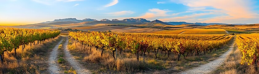 Naklejka premium Golden vineyard landscape at daybreak.