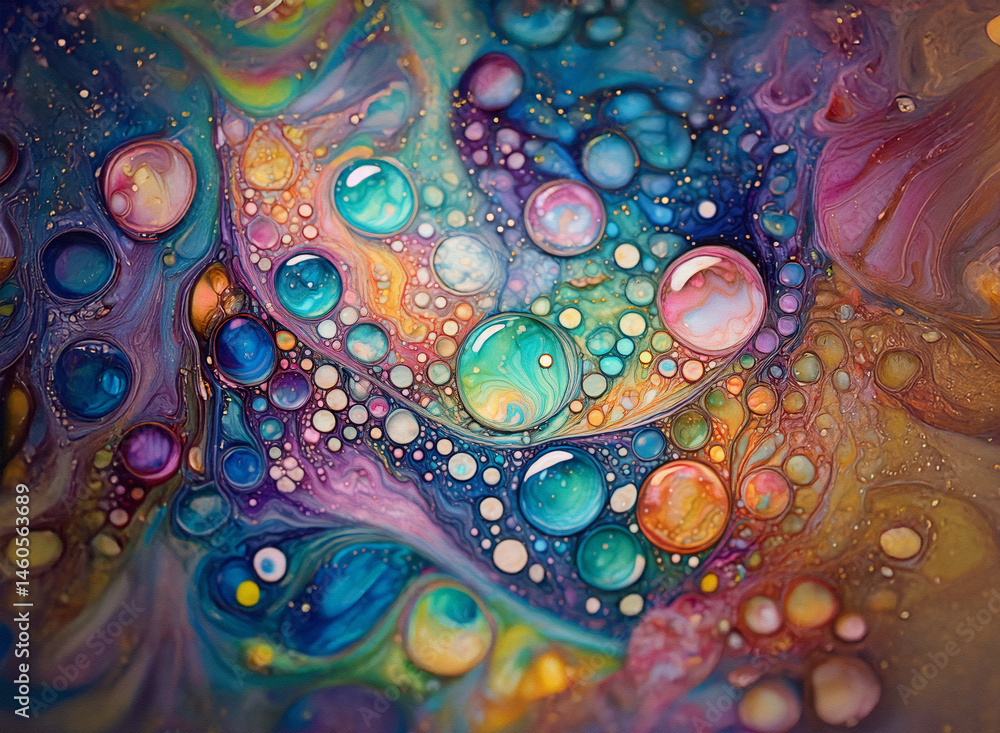 Poster colorful abstract background with shimmering bubbles and flowing textures, creating a vibrant and dy