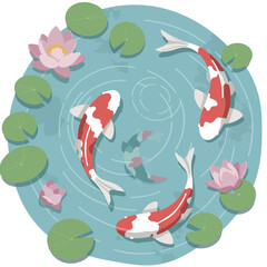 Koi Fish Swimming Among Water Lilies in Calm Pond with Blue Water Vector Illustration 