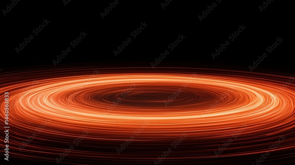 Poster glowing orange light trails form circular rings against a black background, creating a dynamic, futu