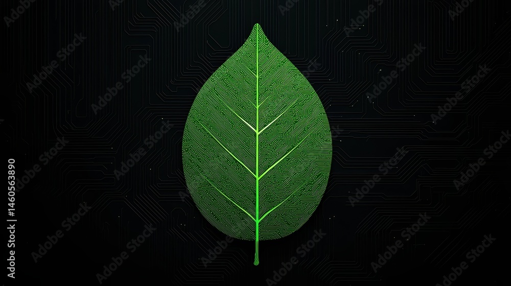 Poster a green leaf with circuit patterns symbolizes the fusion of nature and technology on a dark backgrou
