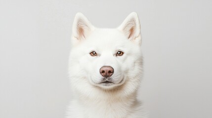 Obraz premium A white dog with upright ears stares directly at the camera against a plain light background.