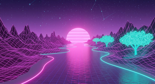 Retro-futuristic Vaperwave landscape in neon tones, representing a digital aesthetic with space to copy