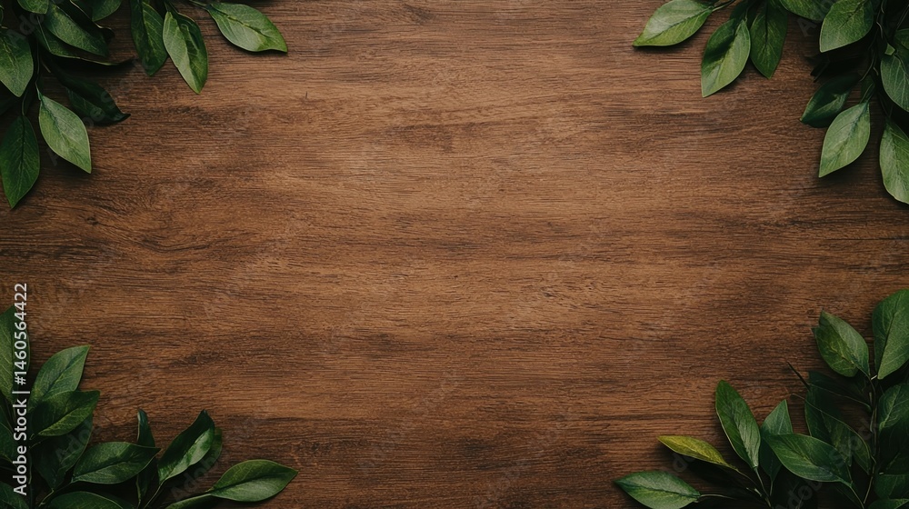 Poster a wooden surface with green leaves arranged at the corners, creating a natural frame with empty spac