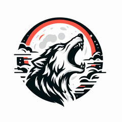 vector illustration of a roaring wolf with moon background