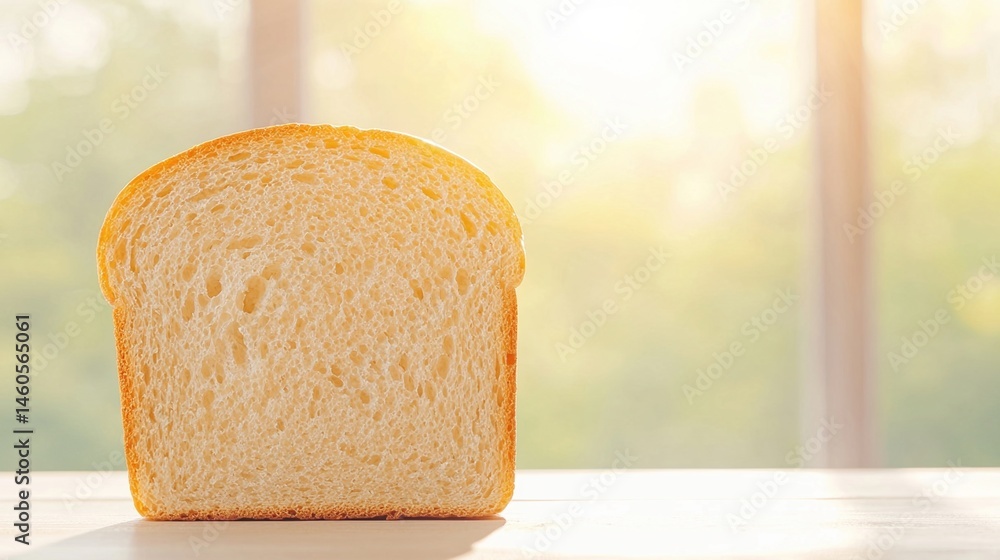 Poster a single slice of white bread is placed on a table with sunlight streaming through a bright window i