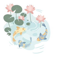 Fototapeta premium Koi Fish Swimming Among Pink Lotus Flowers and Green Lily Pads in Calm Pond Vector Illustration 