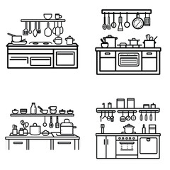 Naklejka premium Kitchen Interior Line Art with Utensils, Countertops on Transparent Background