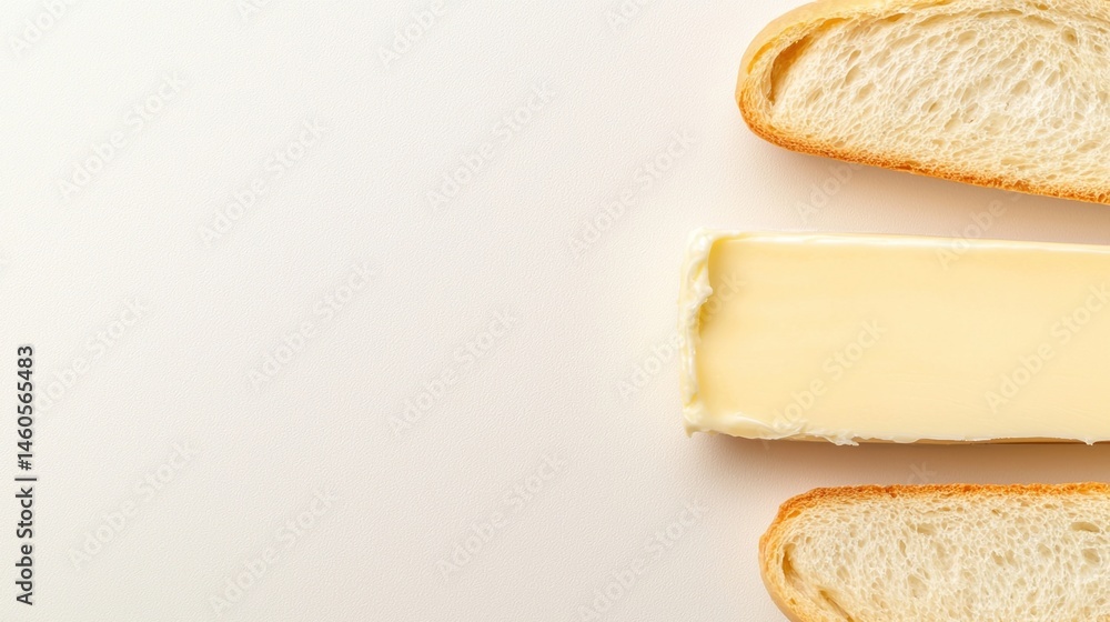 Poster a stick of butter is placed between two slices of bread on a light background, creating a minimalist