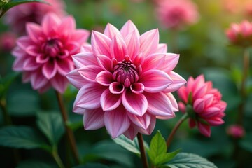 Fototapeta premium Intricate dahlia blooms, vibrant petals, lush foliage , botanical, autumn, orange