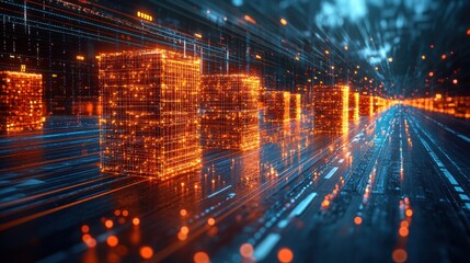 Futuristic Data Flow with Glowing Cubes and Electric Lines