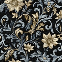 Ornate floral pattern with gold and gray accents on black background