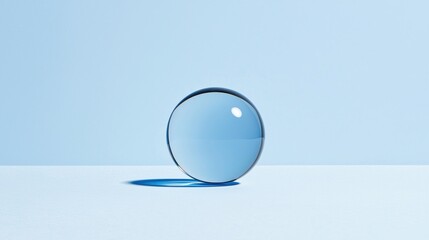 A clear glass sphere sits on a flat, light blue surface, casting a soft shadow in a minimalist, tranquil setting.