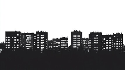 Obraz premium Monochrome vector silhouettes of apartment complexes with detailed windows and rooftops, white background for contrast. 