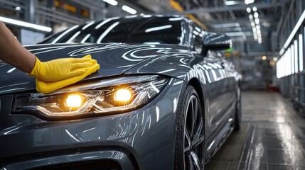 Car detailing service, man polishing vehicle exterior in repair workshop, copy space.