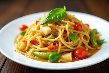 Stir-fried noodles with vegetables on white plate, broccoli, chicken, delicious