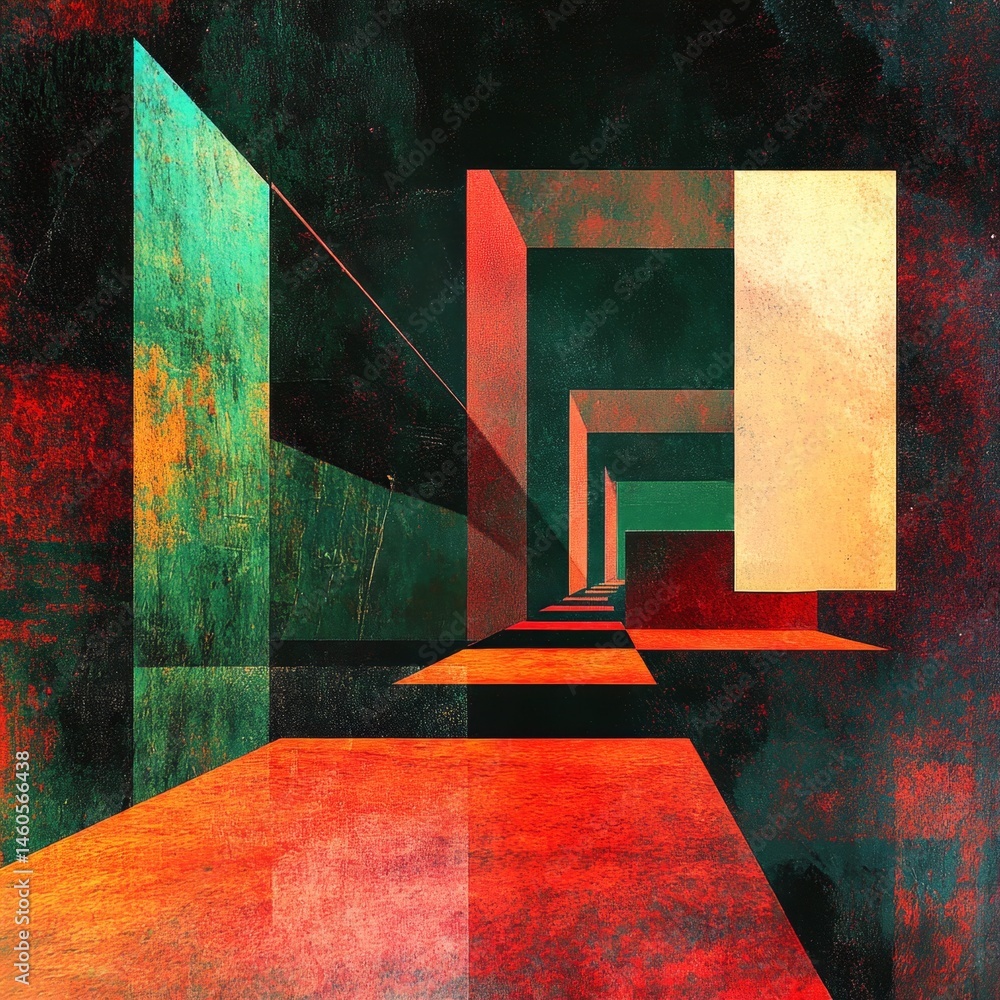 Poster abstract geometric perspective, with overlapping colorful shapes, creating a sense of depth and move
