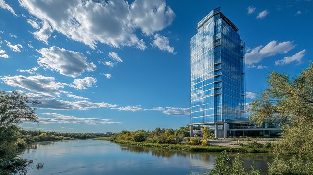 Nutrien Tower, a modern glass high-rise in Saskatoon's River Landing, reflecting the blue sky and clouds, low-angle perspective, emphasizing height and sleek design.  
