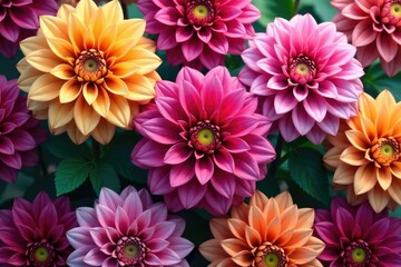Obraz premium Intricate dahlia blooms, vibrant hues, repeating pattern, print, green