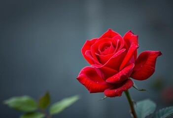 Naklejka premium A single, velvety red rose in full bloom, dew-kissed petals, detail, love