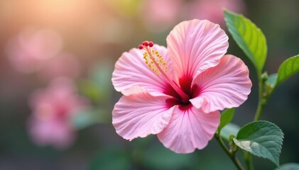 Delicate hibiscus flowers, pastel pink hues, soft background , calm, pastel, pink