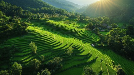 Stunning Aerial View of Lush Green Rice Terraces Bathed in Golden Sunlight