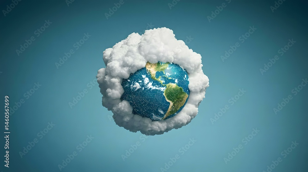 Poster a digital rendering shows a realistic earth globe nestled within a fluffy white cloud formation agai