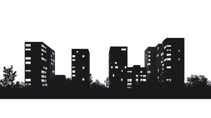 Fototapeta premium Silhouetted apartment buildings in varying heights, clean black design on a stark white background, minimalist style. 