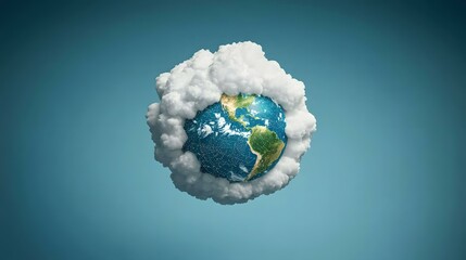 Fototapeta premium A digital rendering shows a realistic Earth globe nestled within a fluffy white cloud formation against a teal background.