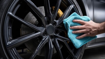 Close-up of hand cleaning black alloy wheel with microfiber cloth in car detailing workshop.